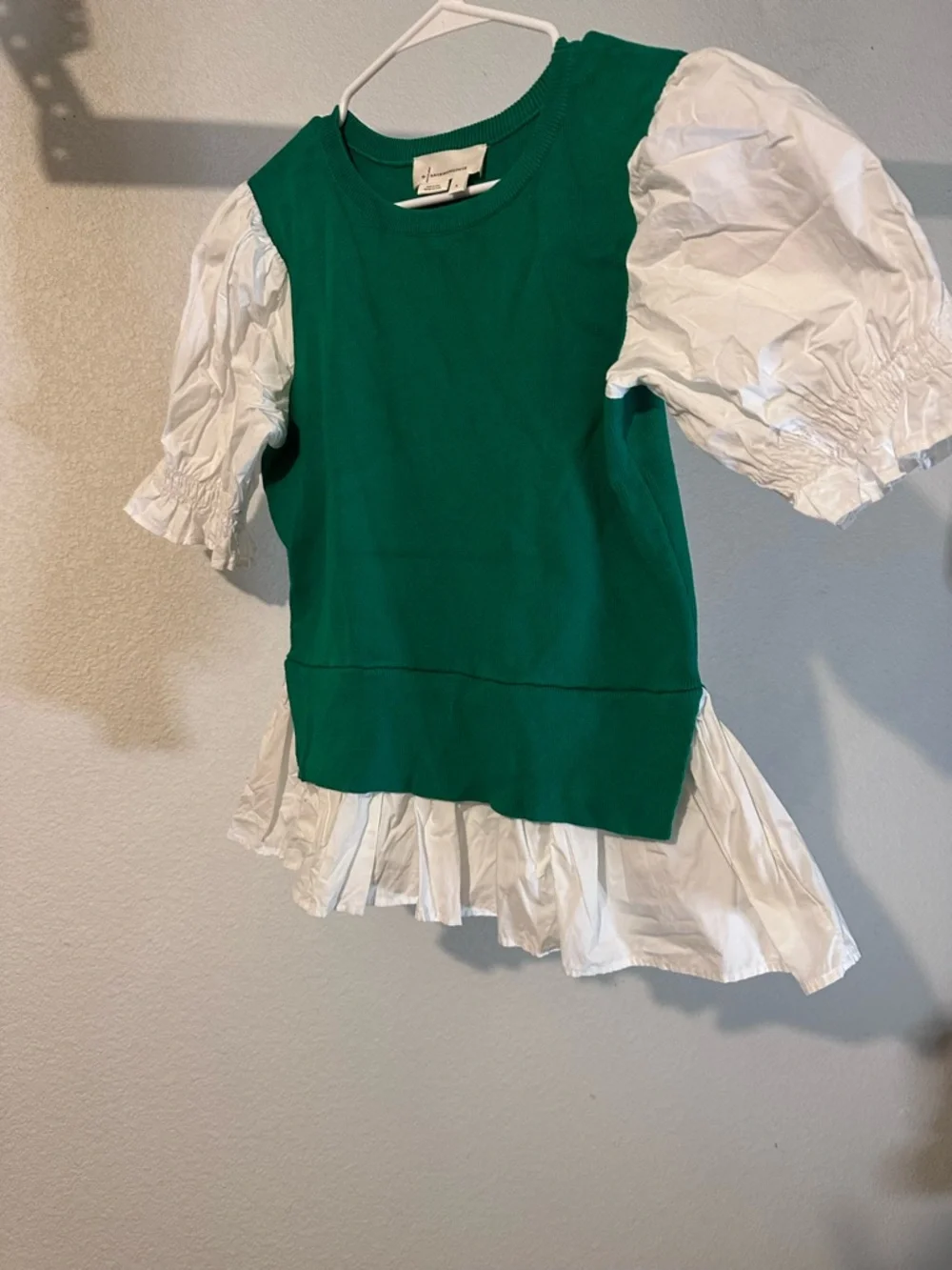 Anthropologie Green Knit Overlay Top with White Puff Sleeves